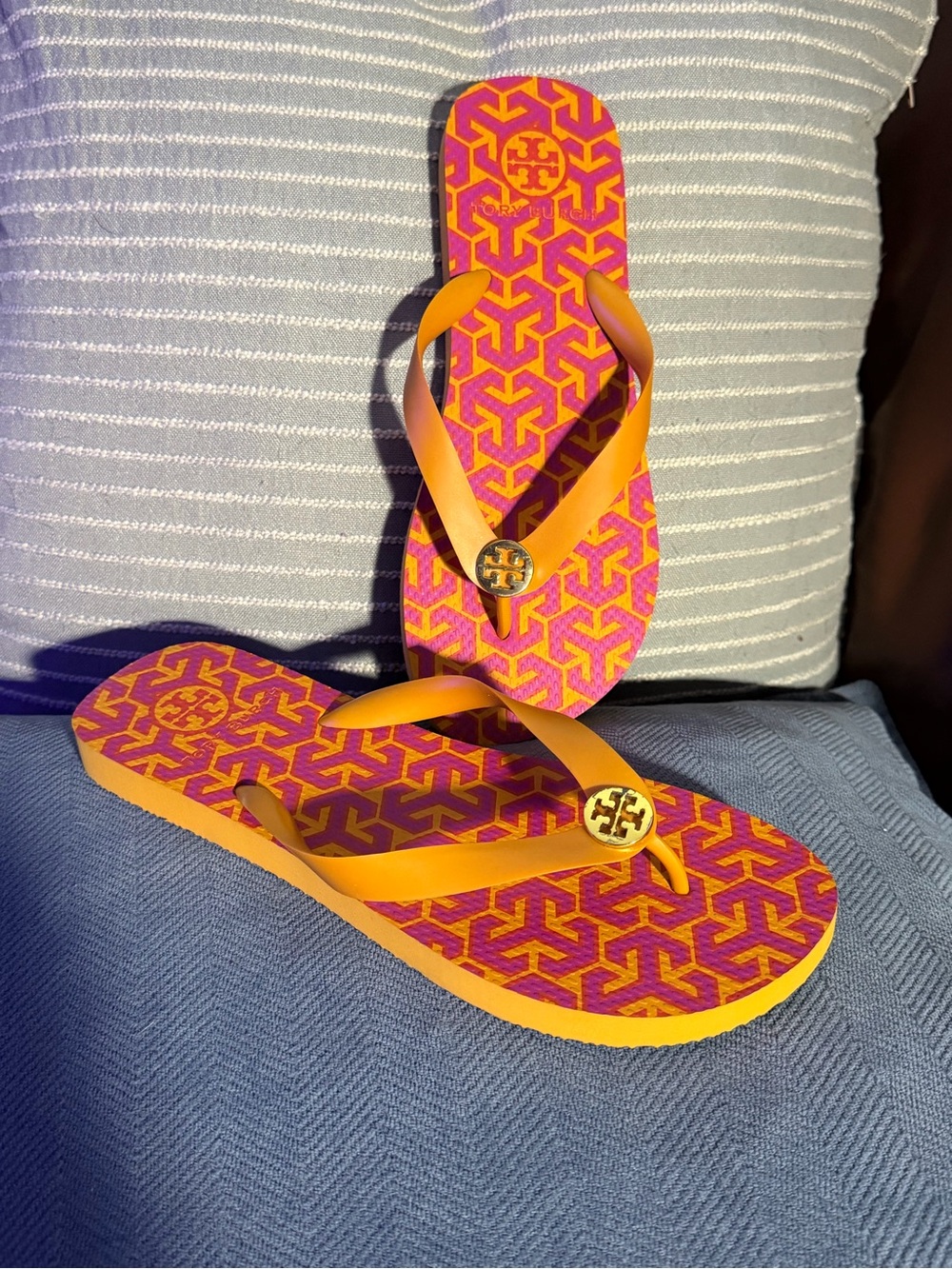 Tory Burch Pink and Orange Logo Flip Flop Sandals, New!